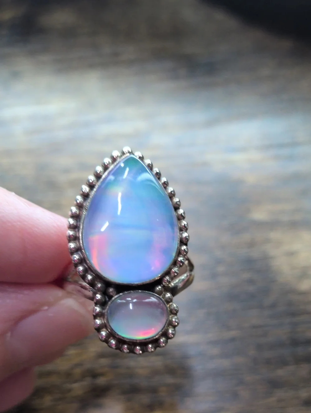 Sterling Teardrop Opal Double Stone Ring - Iridescent Blue-Pink